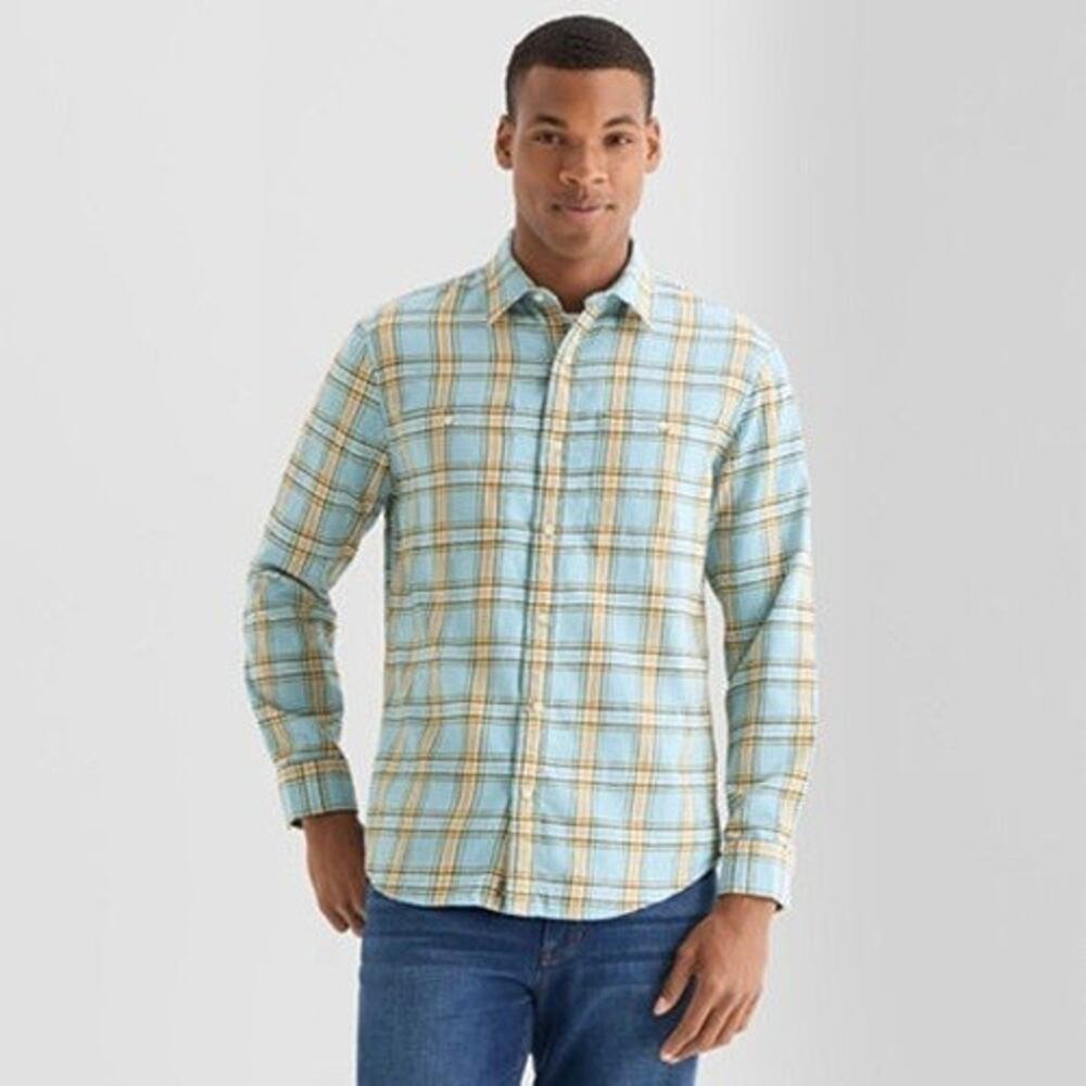 Mutual Weave Shirt Mens XXL Lightweight Flannel Blue Plaid Pocket Long Sleeves